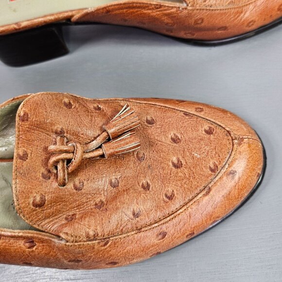 Vintage Paul Mayer Tan Ostrich Leather Low Heel Tassel Mules Size 7 - Picture 8 of 12